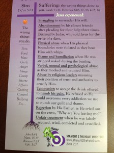 Here is a list of some of the experiences Jesus went through (from the prayer card used during Straight 2 the Heart prayer sessions).