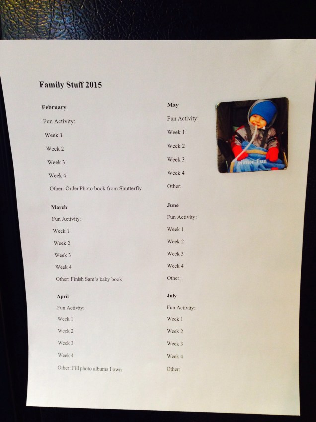 This list of "family stuff" hangs on my fridge. The list of weeks is where I will write in the weekly song I will sing with Sam. 